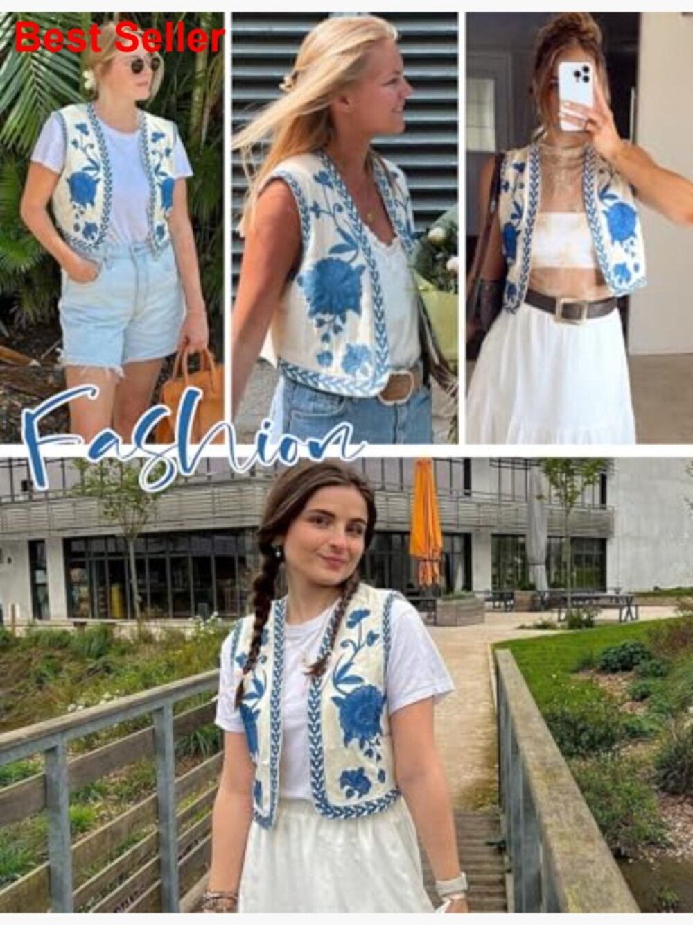 Vintage Floral Embroidery Vest Cotton Linen Sleeveless Open Front Waistcoat - Picture 4 of 6